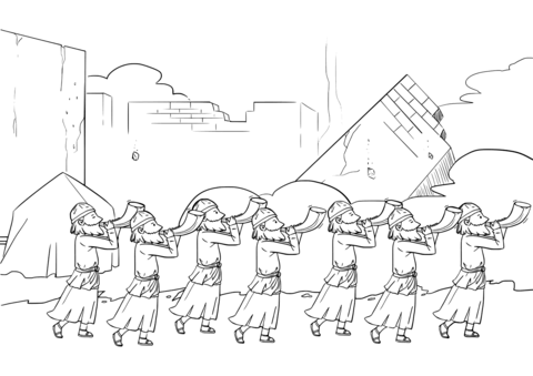 Seven Priests Blow Their Trumpets In Jericho Coloring Page